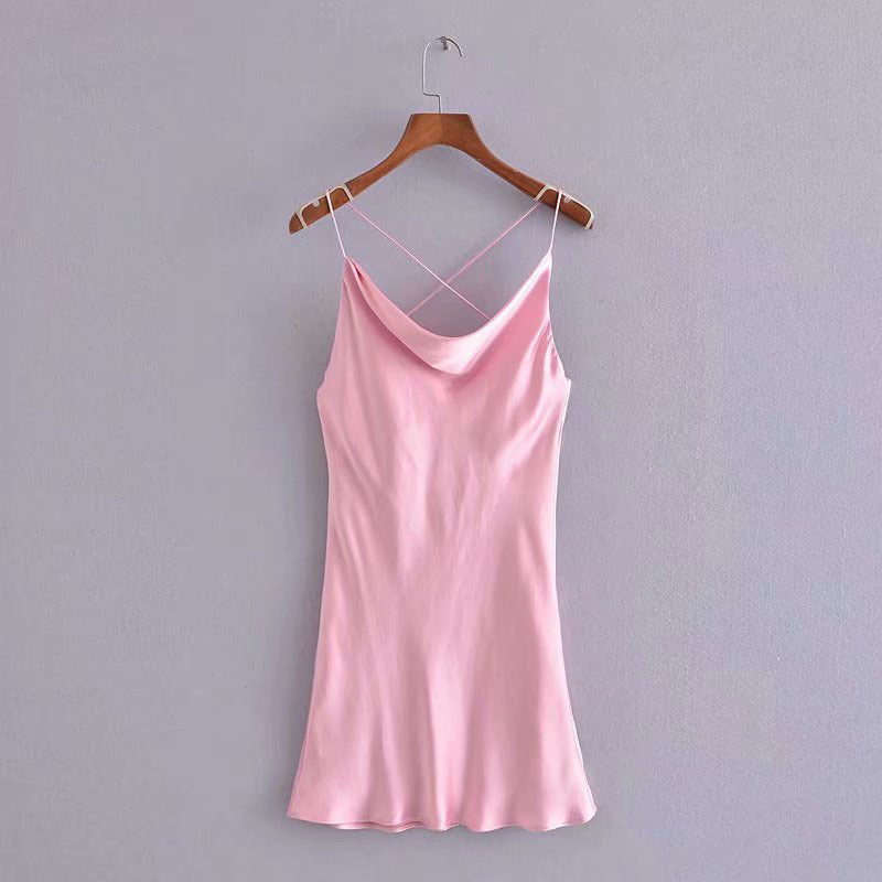 Silk Satin Texture Sexy Cross Short Dress