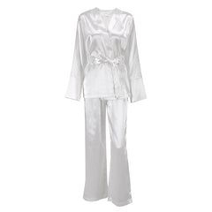 Cardigan Strap Ice Silk Robe Blouse And Pants Pajamas For Women