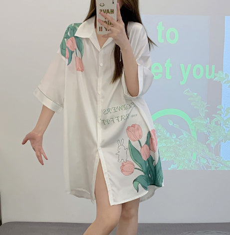 Boyfriend Style Shirt Pajamas Women Morning Gown Silk Home Clothes