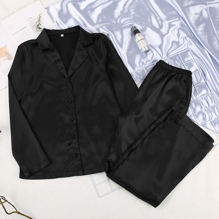 Lapel Satin Black Long Sleeve Pajama Set