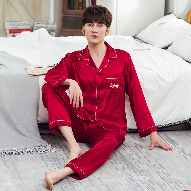 Ice Silk Couple Pajamas Spring And Summer Long-sleeved Printed Silk Pajamas