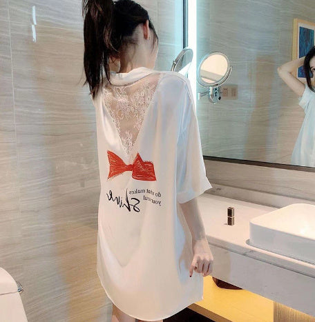 Boyfriend Style Shirt Pajamas Women Morning Gown Silk Home Clothes