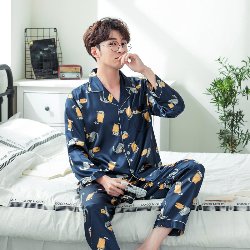 Ice Silk Couple Pajamas Spring And Summer Long-sleeved Printed Silk Pajamas